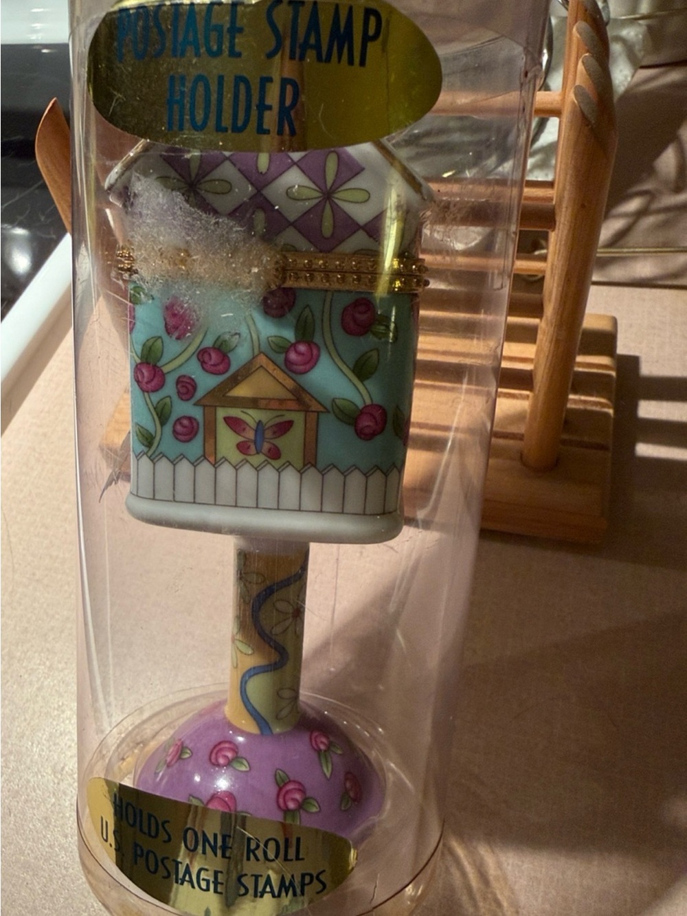 Still in original packaging 24K gold accents Hand Painted Postage Stamp Holder